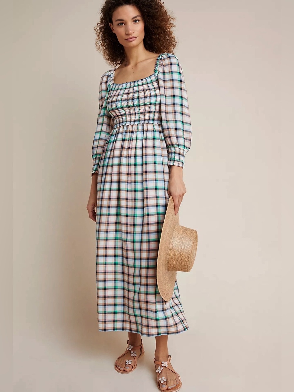 Anthropologie Maeve Cerie Smocked Midi Dress Boho Plaid Green Pockets L Large